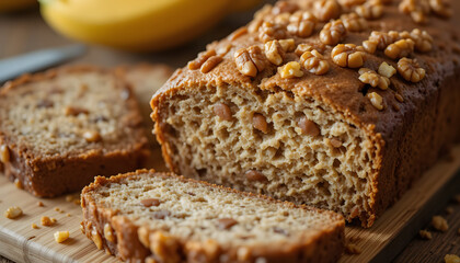 walnut banana bread with slices, cut out