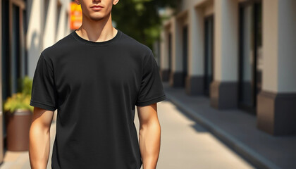 Young Male Model Wearing Black T-shirt on Street &ndash; Shirt Mockup Template for Design Print Placement on Casual Hipster Style
