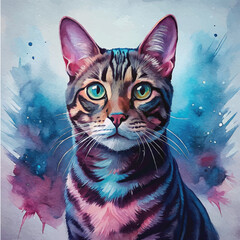 A vibrant watercolor depiction of a Bengal cat with its muscular body and striking fur