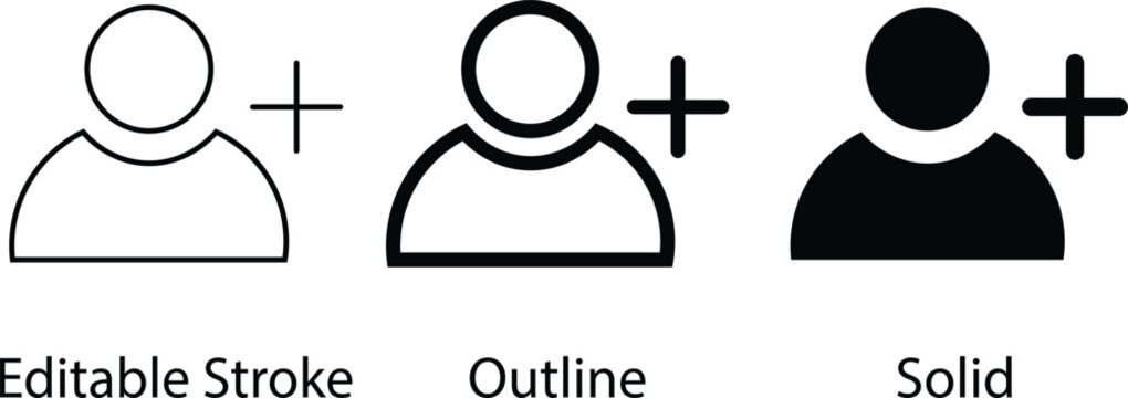 Set of icons add to friends. Add friends icon.  Social media concept. Man icon in a circle. EDITABLE STROKE ICON, outline and filled web icons vector sign