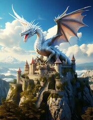 white dragon soaring above an ancient castle, fantasy style- 
