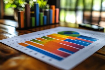 Fototapeta premium Colorful bar chart and pie chart on table with blurred background of business presentation