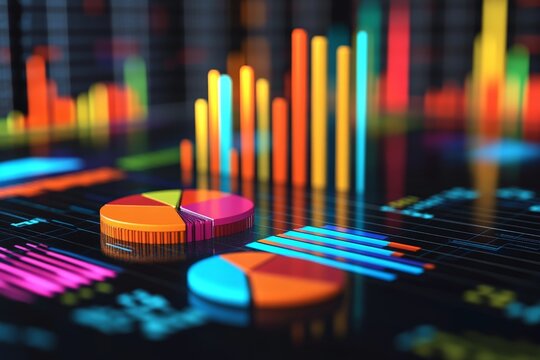 Colorful data visualization showcasing pie charts and bar graphs on a dark background during a tech presentation - Powered by Adobe