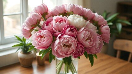 A luxurious bouquet of soft pink peonies arranged in a glass vase, dramatically lit against a black background, enhancing their romantic and elegant appeal.