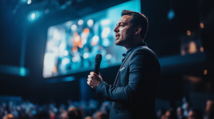 A confident motivational speaker, dressed in a stylish dark blue suit, standing on a grand stage with a microphone in hand. A massive LED screen behind him displays powerful visuals, and a diverse aud