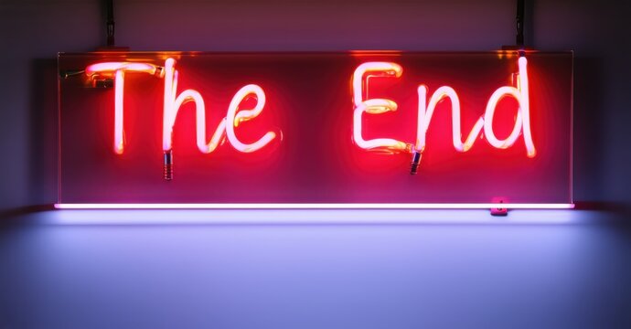 Neon sign displaying The End in glowing red, casting an eerie light on the dark background, evoking finality, closure, and cinematic nostalgia with a retro-futuristic vibe
