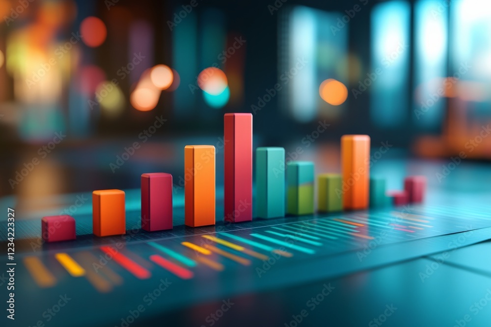 Poster Colorful bar graph displayed on a sleek modern dashboard with vibrant background lights in a tech workspace at night