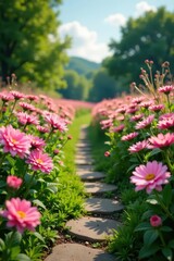 Obraz premium Pink chrysanthemums in a field with a winding stone path, garden, meadow, blossom