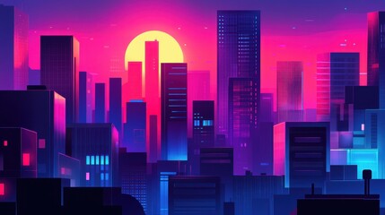 Naklejka premium Vibrant Cityscape at Sunset with Neon Lights and Abstract Style