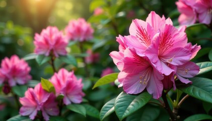 Obraz premium Pink rhododendron flowers blooming in a lush garden, flowers, foliage, rhododendron