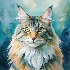 A vibrant watercolor depiction of a Maine Coon cat with its tufted ears and bushy tail