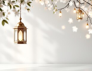 Golden Lanterns and Blossoming Branches: A Serene, Illuminated Scene