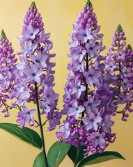 Naklejka premium Lavender lilacs on a pastel yellow background