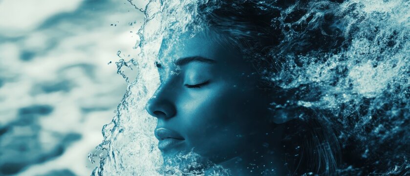 Serene woman's face merging with ocean waves, symbolizing emotion and strength