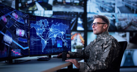 Air Reconnaissance Technology On Computer. World Map Data