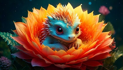 Obraz premium baby dragon curled up inside an oversized 
