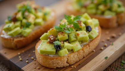 Close-up of avocado crostini on a wooden board 