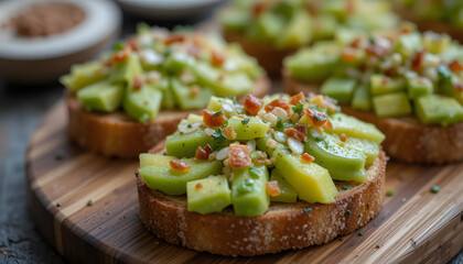 Close-up of avocado crostini on a wooden board 