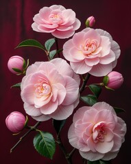 Pink camellias on a rich burgundy background