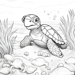 coloring page turtle on the beach