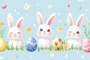 Obraz premium Sweet bunnies celebrate spring with colorful eggs and blooming flowers during a joyful festive season