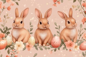 Fototapeta premium Three cute rabbits surrounded by flowers and Easter eggs in a pastel setting suitable for spring celebrations