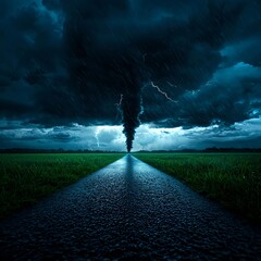 Dark Stormy Night Tornado Over Green Field