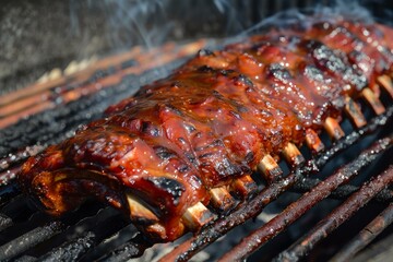 Bbq pork ribs grilling on a hot barbecue grill, seasoned and basted, ready for summer picnic