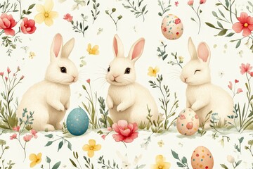 Fototapeta premium Delightful bunnies celebrate springtime among flowers and colorful eggs in a cheerful garden setting