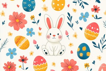 Cute bunny surrounded by colorful eggs and flowers in a cheerful spring design