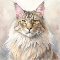 Artistic watercolor rendering of a Maine Coon cat with expressive eyes and luxurious fur