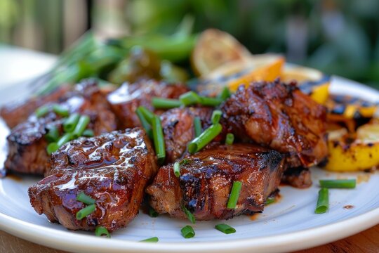 Sizzling steak tips are garnished with freshly chopped green onions and served alongside grilled summer vegetables