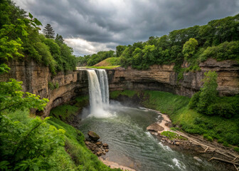 Obraz premium A waterfall in Minnesota where half the water disappears into a hole