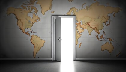 A surreal scene featuring a partially open door emitting light, set against a textured background of the world map. The focus is on the door and the contrasting colors of the flag.