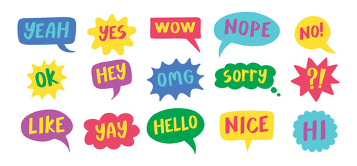 Thought bubbles handwritten words expressions, comic chat stickers collection. Speech clouds set. Funky typography design element, retro style messages. Like, yes, No, Wow and Ok. © Yanka