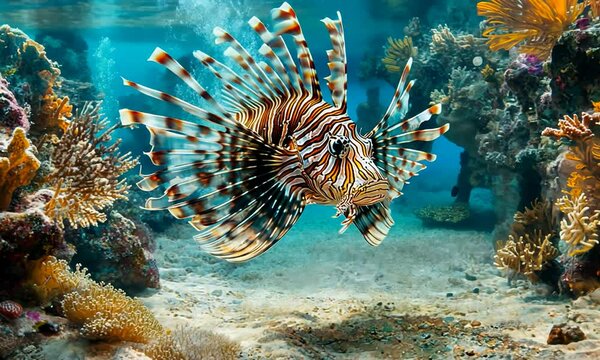 Vibrant lionfish swimming gracefully in a coral reef scene