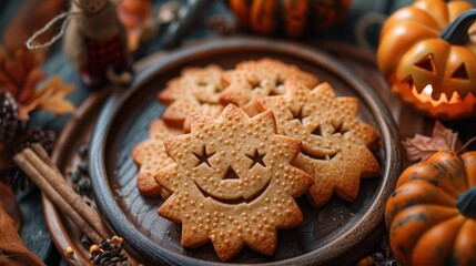 Fototapeta premium Pumpkin cookies with faces on a plate with pumpkins and cinnamon sticks, halloween holiday, food background