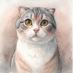 Artistic watercolor rendering of a Scottish Fold cat with its adorable expression and distinctive ears