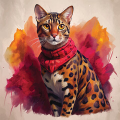 Bengal cat painted in soft, flowing watercolor strokes with a fierce yet playful attitude