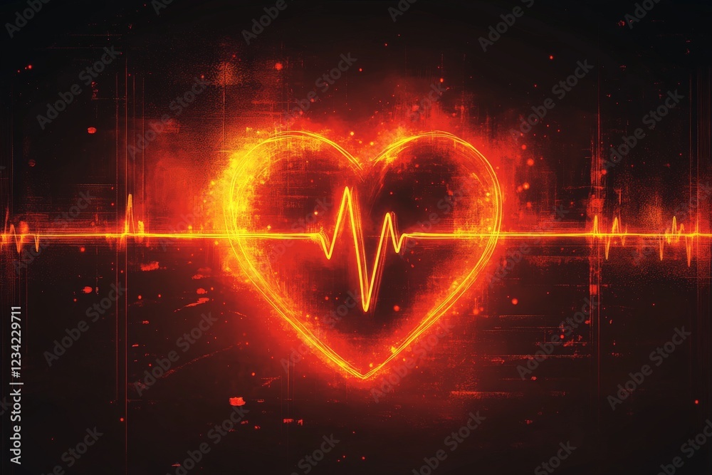 Aufkleber heartbeat visualization with glowing heart and digital pulse line on dark background