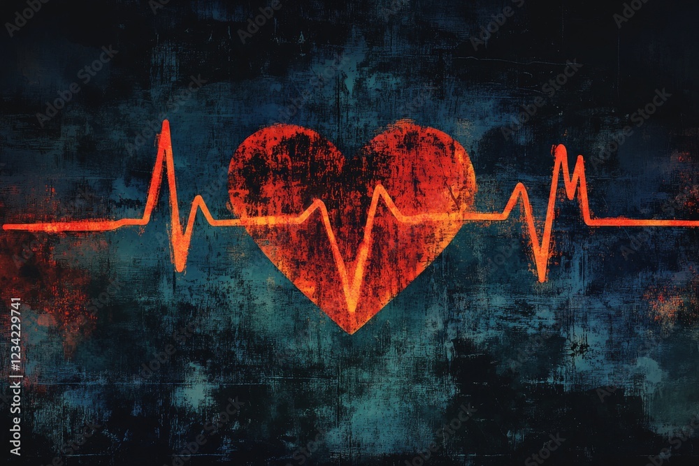 Aufkleber Heartbeat visualization with an abstract red heart and ECG line on a textured dark background
