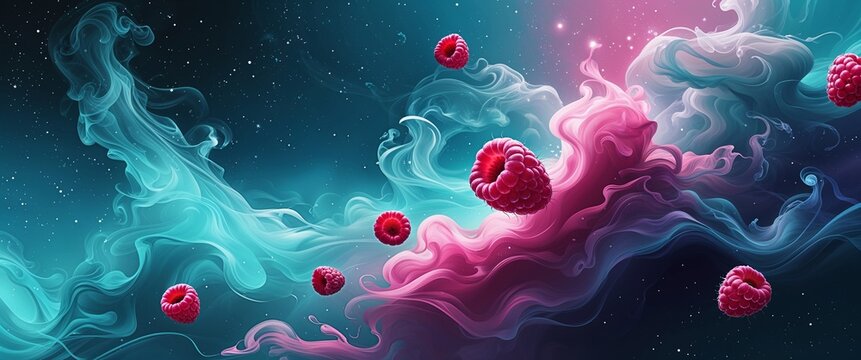 Turquoise and raspberry smoky glowing background with smooth silky cosmic texture 