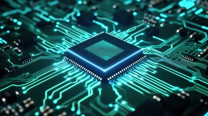 Microchip at center of green circuit board with radiating energy lines