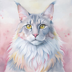 Maine Coon cat painted in soft, flowing watercolor strokes showcasing its grandeur