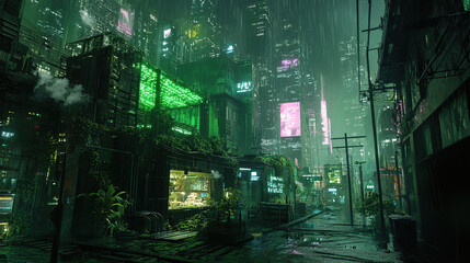 Cyberpunk Cityscape with Neon-Lit Algae Biofuel Farm
