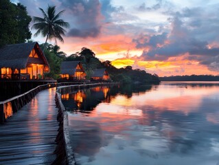 Fototapeta premium Idyllic Tropical Overwater Bungalows at Sunset Calm Lake Wooden Walkway