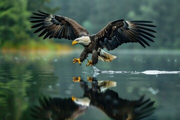 Fototapeta premium Bald eagle swooping down, catching fish in lake, with wings spread and reflection visible