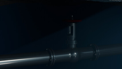 3d model of gas pipe with pressure valve underwater, underwater