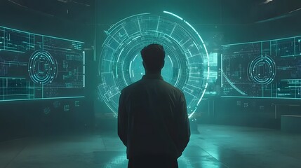 Futuristic Businessman Transitioning through Virtual Business Progress Bar