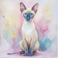 Siamese cat painted in soft, flowing watercolor strokes highlighting its slender form and sharp contrast
